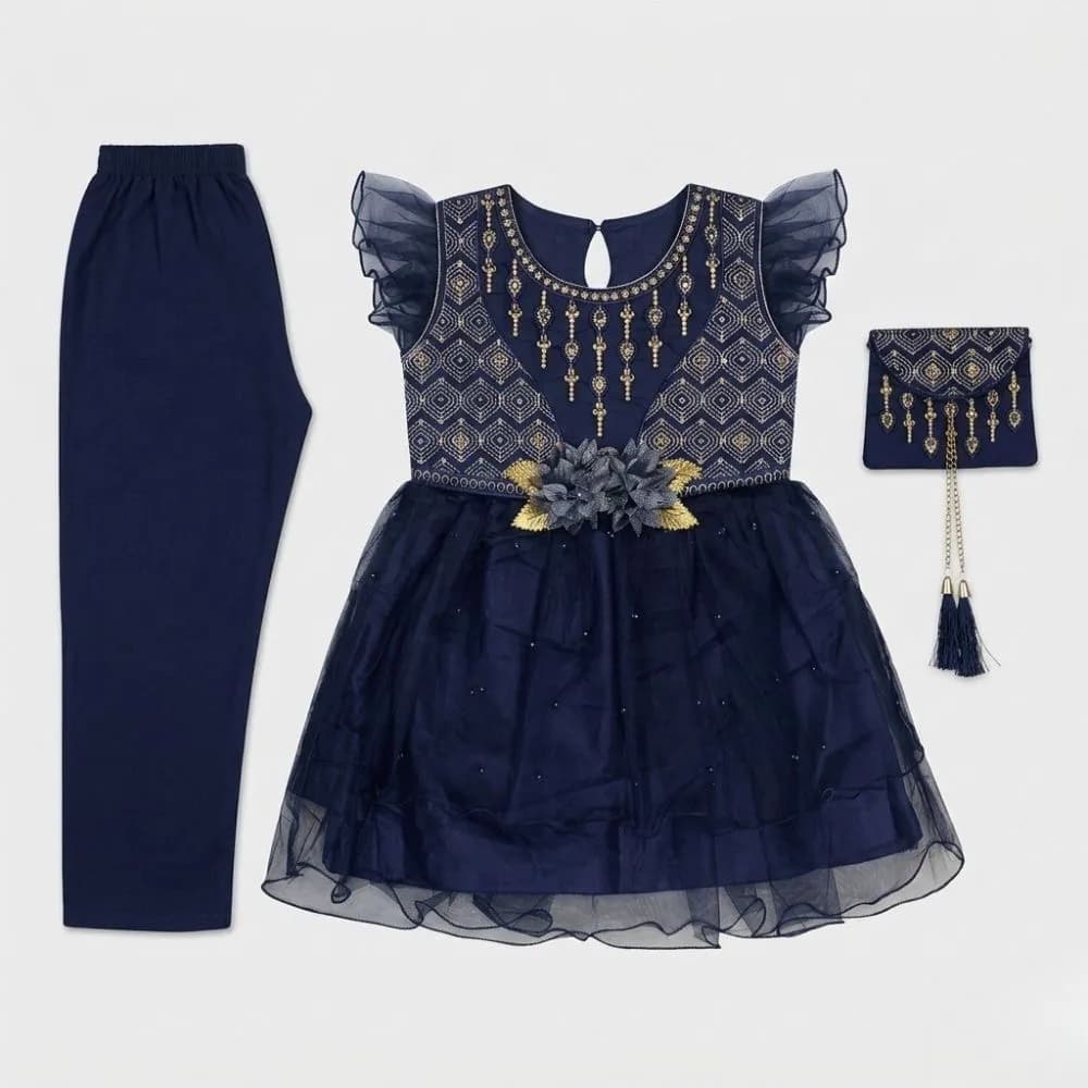 Elegant Navy Blue Kids Dress with Gold Accents and Matching Accessories