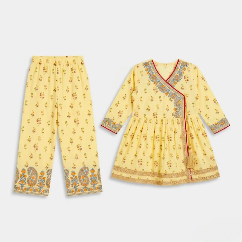 Embroidered Yellow Peplum Top and Pants Set