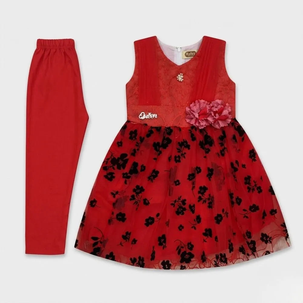 Red Floral Dress and Leggings Set for Girls