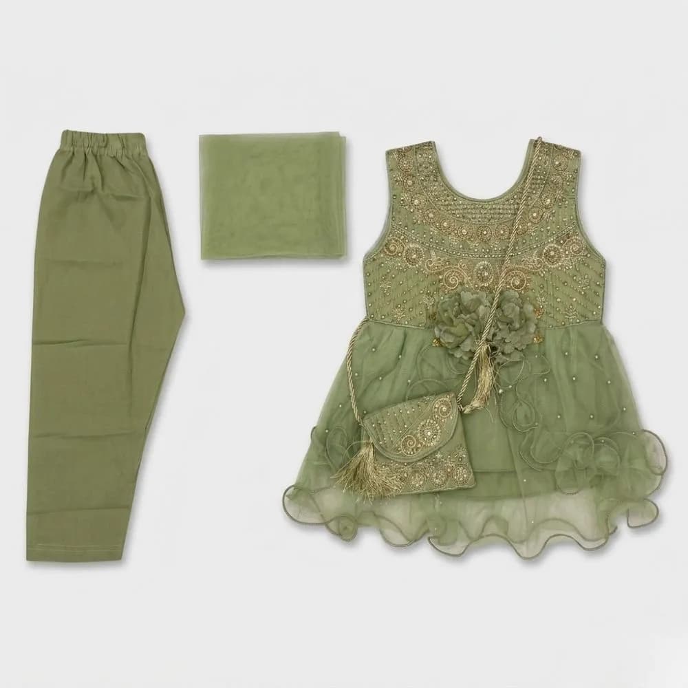 Green Embellished Kids Dress with Purse and Pants