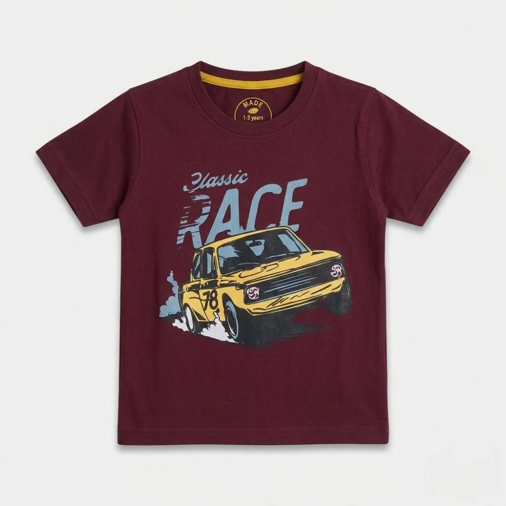 maroon short-sleeve t-shirt with yellow racing car graphic and classic race text