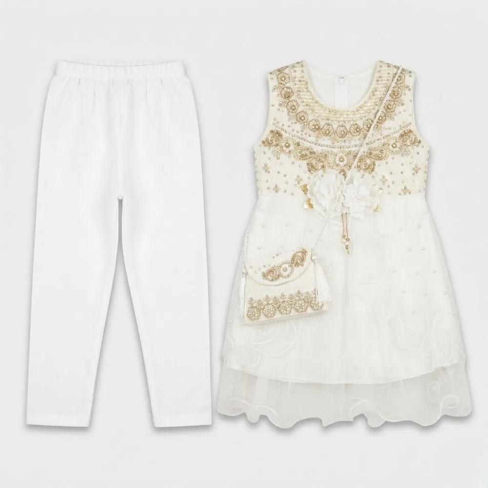 Elegant White Embroidered Dress and Pants Set